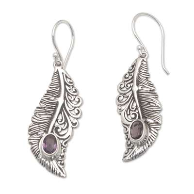 Amethyst dangle earrings, 'Plumage of the Wise' - Feather-Themed Dangle Earrings with Faceted Amethyst Jewels