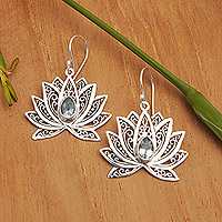 Blue topaz filigree dangle earrings, 'Loyalty Lotus'