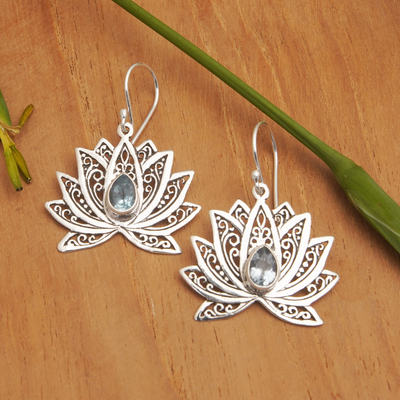 Blue topaz filigree dangle earrings, 'Loyalty Lotus' - Lotus-Themed Filigree Dangle Earrings with Blue Topaz Gems