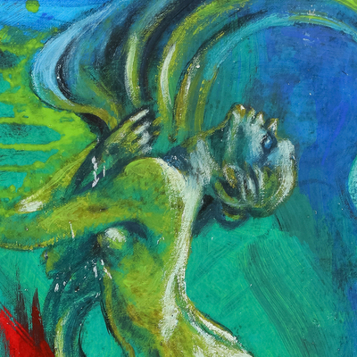 'La vida es bella' - Pintura expresionista al óleo y acrílico en azul y rojo