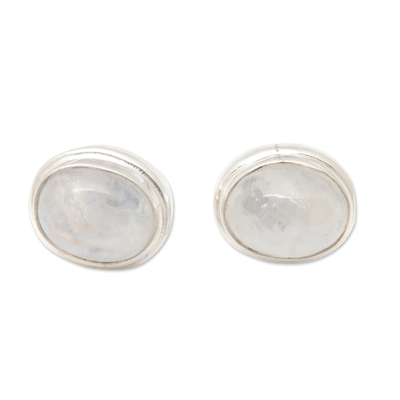 Rainbow moonstone stud earrings, 'Oval Harmony' - Sterling Silver Stud Earrings with Oval Rainbow Moonstones