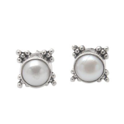 Cultured pearl stud earrings, 'Precious Elegance' - Sterling Silver Stud Earrings with Silver-White Pearls