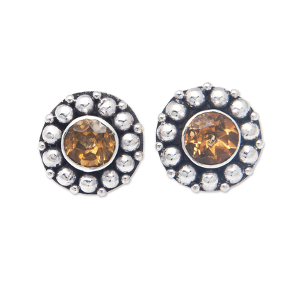 Citrine button earrings, 'Yellow Fancy Flower' - Citrine Button Earrings with Sterling Silver Beads
