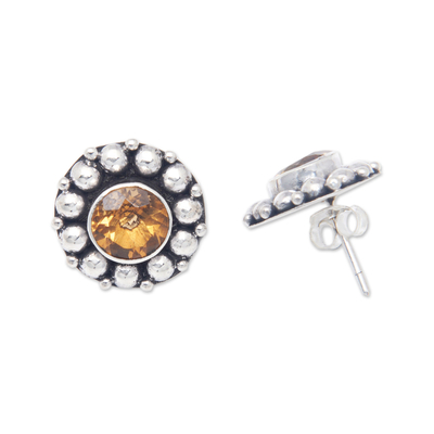 Citrine button earrings, 'Yellow Fancy Flower' - Citrine Button Earrings with Sterling Silver Beads