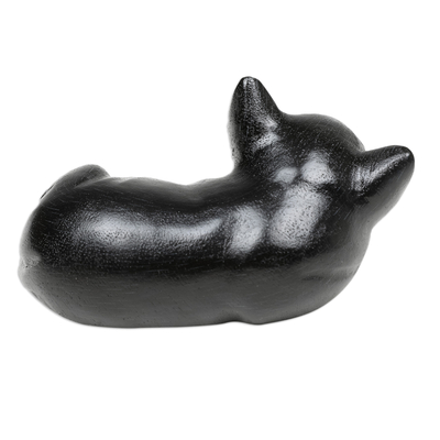 Wood figurine, 'Sleeping Chihuahua at Night' - Hand-Carved Black Suar Wood Chihuahua Figurine from Bali