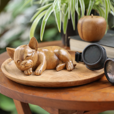 Wood figurine, 'Sleeping Chihuahua' - Hand-Carved Natural Suar Wood Chihuahua Figurine from Bali