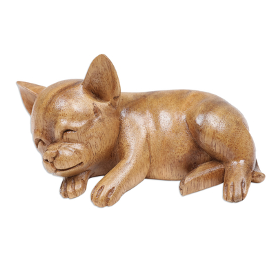 Wood figurine, 'Sleeping Chihuahua' - Hand-Carved Natural Suar Wood Chihuahua Figurine from Bali