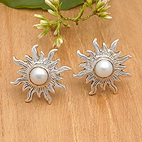 Cultured pearl button earrings, 'Pearly Sunlight' - Polished Sterling Silver Sun Button Earrings with Pearls