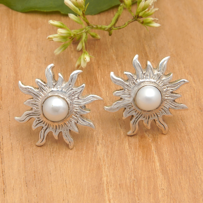 Polished Sterling Silver Sun Button Earrings with Pearls, 'Pearly Sunlight