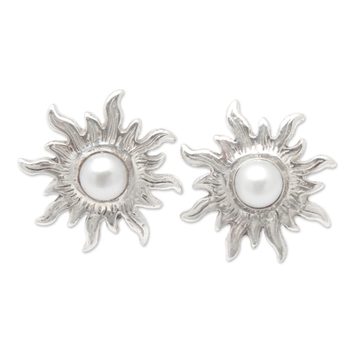 Aretes de perlas cultivadas - Pendientes Botón Sol en Plata de Ley Pulida con Perlas