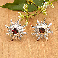 Garnet button earrings, 'Crimson Sunlight' - Sterling Silver Sun Button Earrings with Garnet Gems