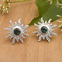 Pendientes de botón de cuarzo, 'Luz del sol verde' - Pendientes de botón de sol de plata de ley con gemas de cuarzo verde