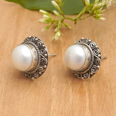 Cultured pearl button earrings, 'Pearly Balinese' - Balinese Floral Silver-White Cultured Pearl Button Earrings