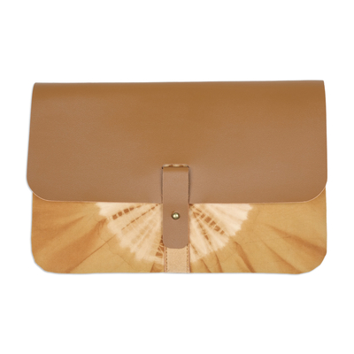 Brown Faux Leather and Cotton Clutch with Button Closure