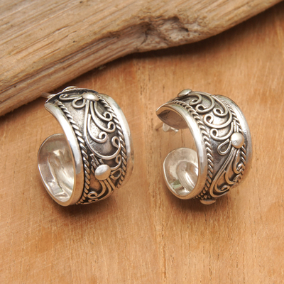 Sterling silver half-hoop earrings, 'Stunning Gianyar' - Sterling Silver Half-Hoop Earrings with Vine Details