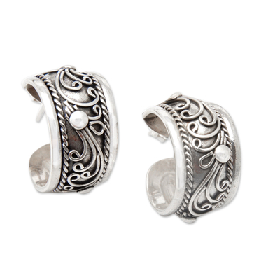Sterling silver half-hoop earrings, 'Stunning Gianyar' - Sterling Silver Half-Hoop Earrings with Vine Details