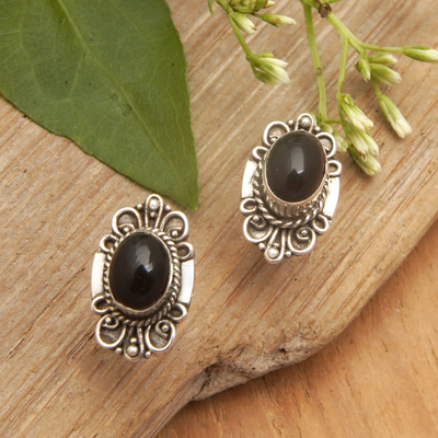 Onyx button earrings, 'Supreme Night' - Traditional Sterling Silver Onyx Button Earrings from Bali