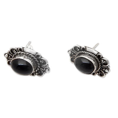 Onyx button earrings, 'Supreme Night' - Traditional Sterling Silver Onyx Button Earrings from Bali