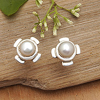 Knopfohrringe aus Zuchtperlen, „Shining Treasure“ – Moderne Knopfohrringe aus Sterlingsilber mit weißen Perlen