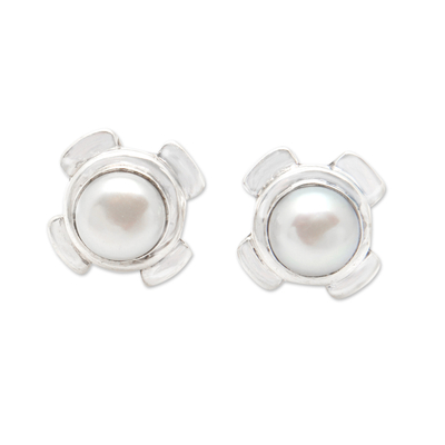 Cultured pearl button earrings, 'Shining Treasure' - Modern Sterling Silver Button Earrings with White Pearls