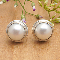 Cultured pearl stud earrings, 'Purity Core' - Polished Round Sterling Silver Stud Earrings with Pearls