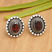 Garnet button earrings, 'Dreamy Red' - Sterling Silver Button Earrings with Oval Garnet Stone