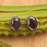 Garnet stud earrings, 'Dainty Red' - Sterling Silver Stud Earrings with Oval Garnet Stone