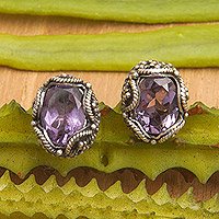 Amethyst stud earrings, 'Dainty Purple' - Sterling Silver Stud Earrings with Oval Amethyst Stone