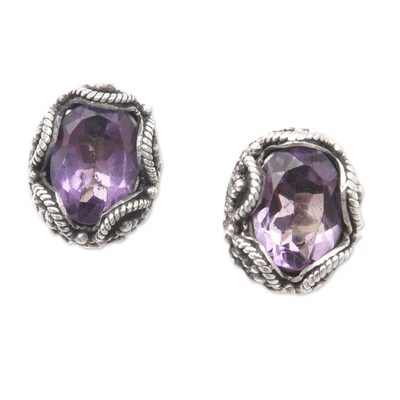 Amethyst stud earrings, 'Dainty Purple' - Sterling Silver Stud Earrings with Oval Amethyst Stone