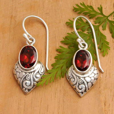 Garnet dangle earrings, 'Passion at Heart' - Heart-Shaped Sterling Silver Dangle Earrings with Garnet