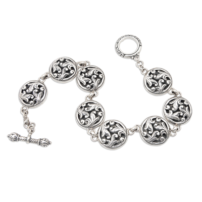 Sterling silver link bracelet, 'Portal to Nature' - Sterling Silver Link Bracelet with Round Leafy Pendants