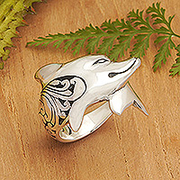 Sterling silver cocktail ring, 'Heavenly Dolphin' - Dolphin-Themed Traditional Sterling Silver Cocktail Ring