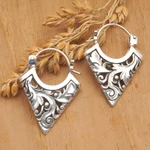 Sterling silver hoop earrings, 'Menjangan Peak' - Geometric Leafy Sterling Silver Hoop Earrings from Bali