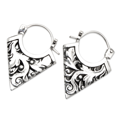 Sterling silver hoop earrings, 'Menjangan Peak' - Geometric Leafy Sterling Silver Hoop Earrings from Bali