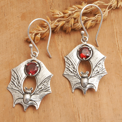 Garnet dangle earrings, 'Passionate Night Warrior' - Bat-Themed Dangle Earrings with 1-Carat Garnet Jewels