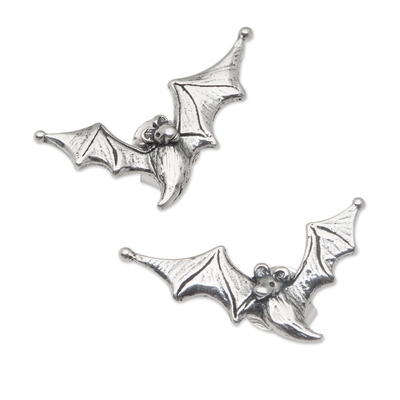Sterling silver button earrings, 'Ethereal Bats' - Polished Bat-Themed Sterling Silver Button Earrings
