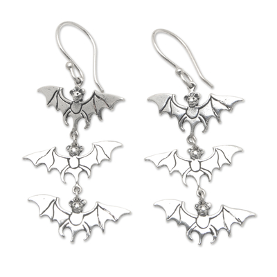 Sterling silver dangle earrings, 'Midnight Initiation' - Bat-Themed Polished Sterling Silver Dangle Earrings
