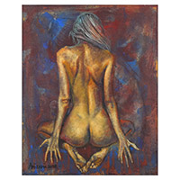 'Back For Stepping Forward' - Pintura expresionista al óleo y acrílico oscuro de mujer desnuda