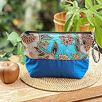 Embroidered cotton batik cosmetic bag, 'Blue Blooming'