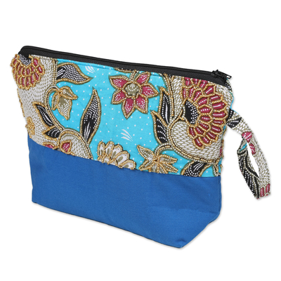 Embroidered cotton batik cosmetic bag, 'Blue Blooming' - Embroidered Cotton Cosmetic Bag in Blue with Batik Motif