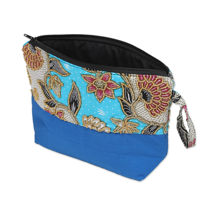 Neceser bordado en batik de algodón - Neceser de algodón bordado en azul con motivo batik