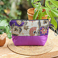 Embroidered cotton batik cosmetic bag, 'Purple Blooming'