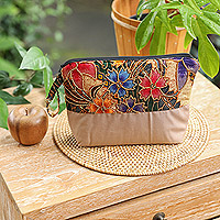 Embroidered cotton batik cosmetic bag, 'Brown Blooming'