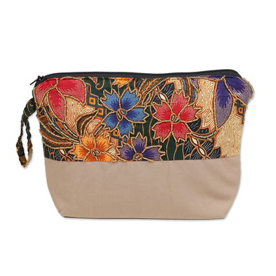 Embroidered cotton batik cosmetic bag, 'Brown Blooming' - Embroidered Cotton Cosmetic Bag in Brown with Batik Motif