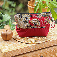 Embroidered cotton batik cosmetic bag, 'Red Blooming'