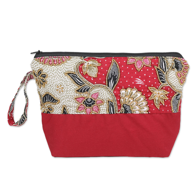 Embroidered cotton batik cosmetic bag, 'Red Blooming' - Embroidered Cotton Cosmetic Bag in Red with Batik Motif
