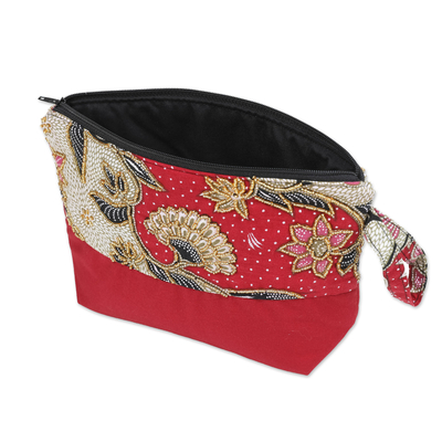 Neceser bordado en batik de algodón - Neceser de algodón bordado en rojo con motivo Batik