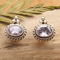 Amethyst button earrings, 'Dame's Wisdom' - Beaded and Braided Sterling Silver Amethyst Button Earrings