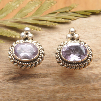 Amethyst button earrings, 'Dame's Wisdom' - Beaded and Braided Sterling Silver Amethyst Button Earrings