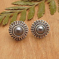 Cultured pearl stud earrings, 'Grey Elegance' - Sterling Silver Stud Earrings with Grey Cultured Pearls